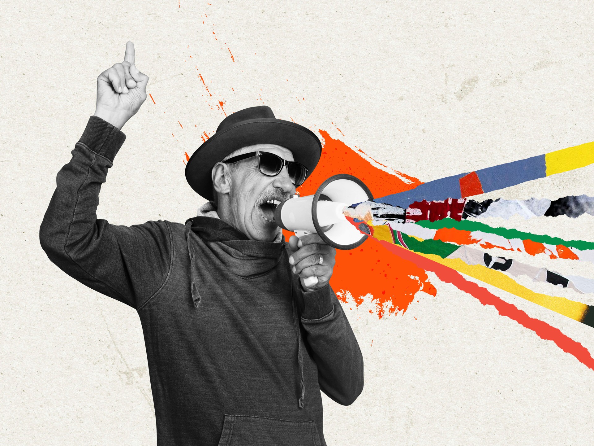 Excited senior man shouting at megaphone over abstract background. Collage in magazine style. Surrealism, art, creativity, fashion and retro style concept.