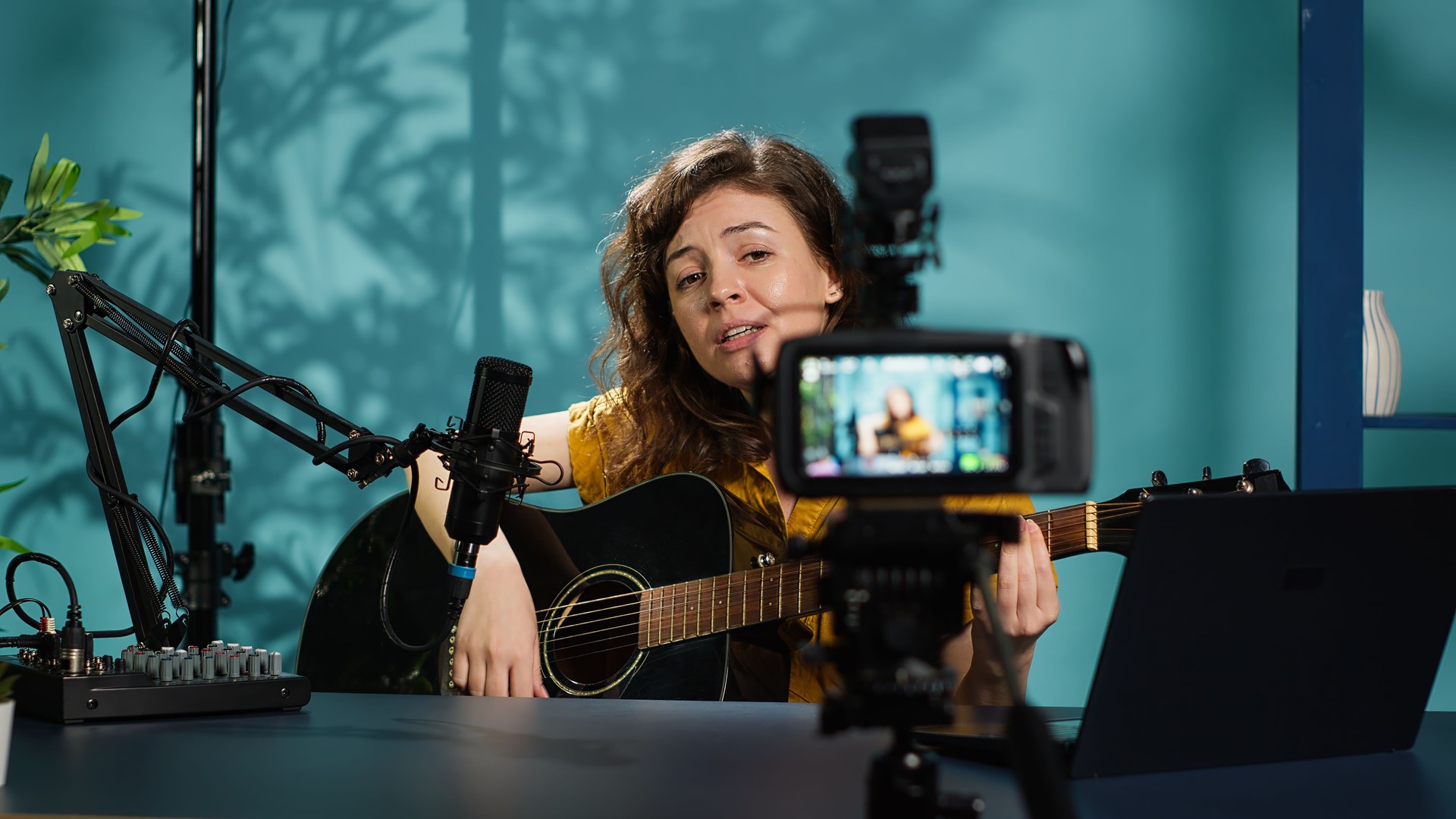 Artist using acoustic musical instrument, doing internet concert